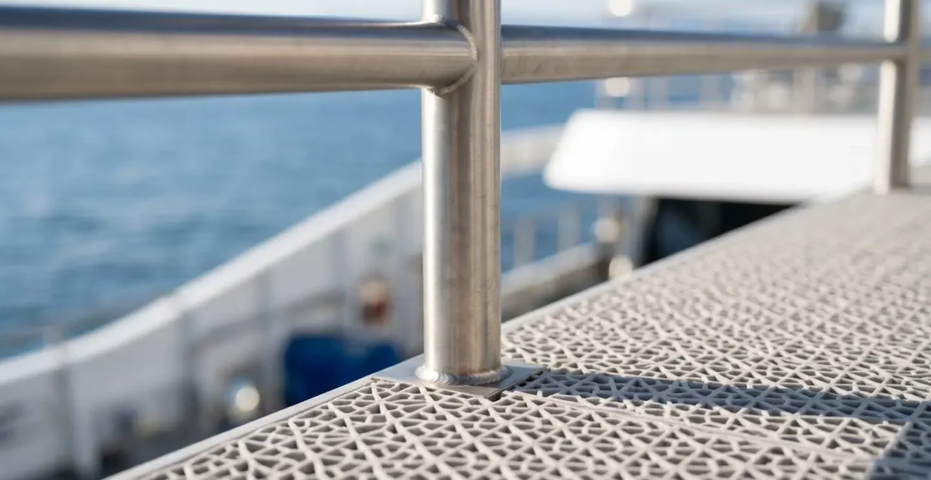 Gros plan sur une rampe en acier inoxydable et un sol antidérapant texturé d'un pont de ferry moderne, lumière naturelle latérale créant des reflets