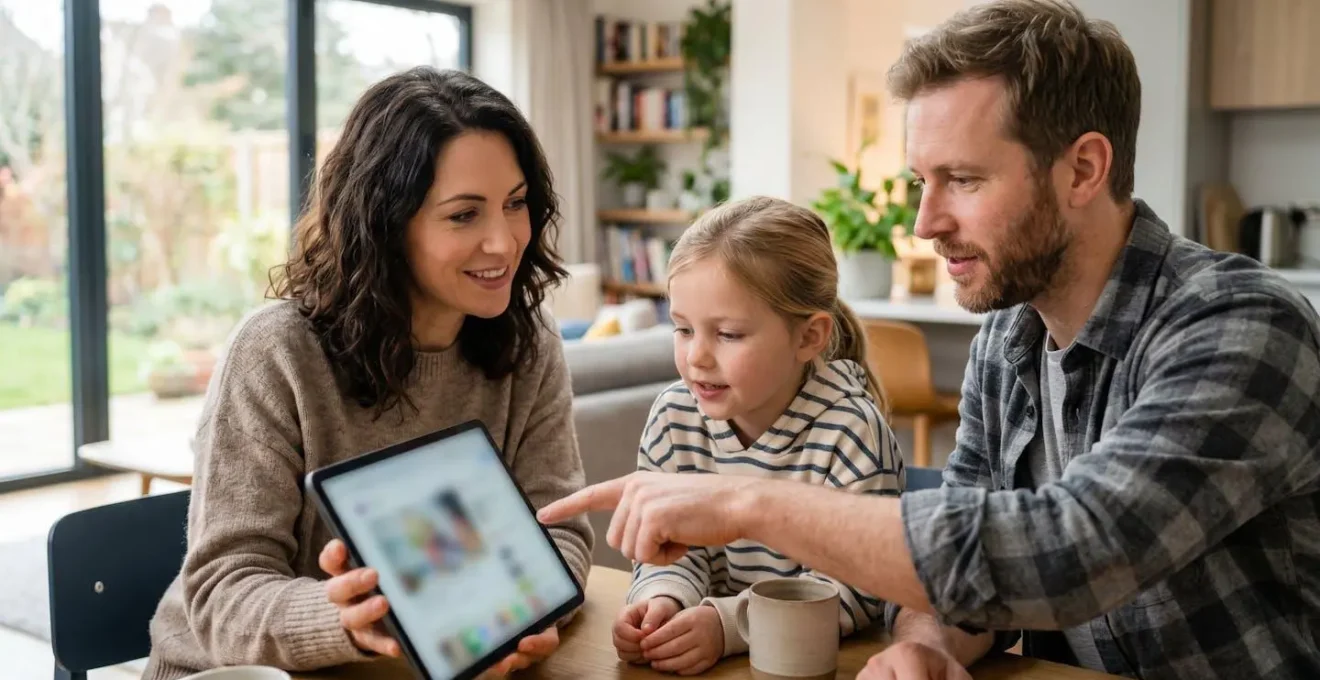 Une famille de trois personnes assise sur un canapé consulte une tablette, une main pointant l'écran flouté, lumière naturelle douce depuis une fenêtre