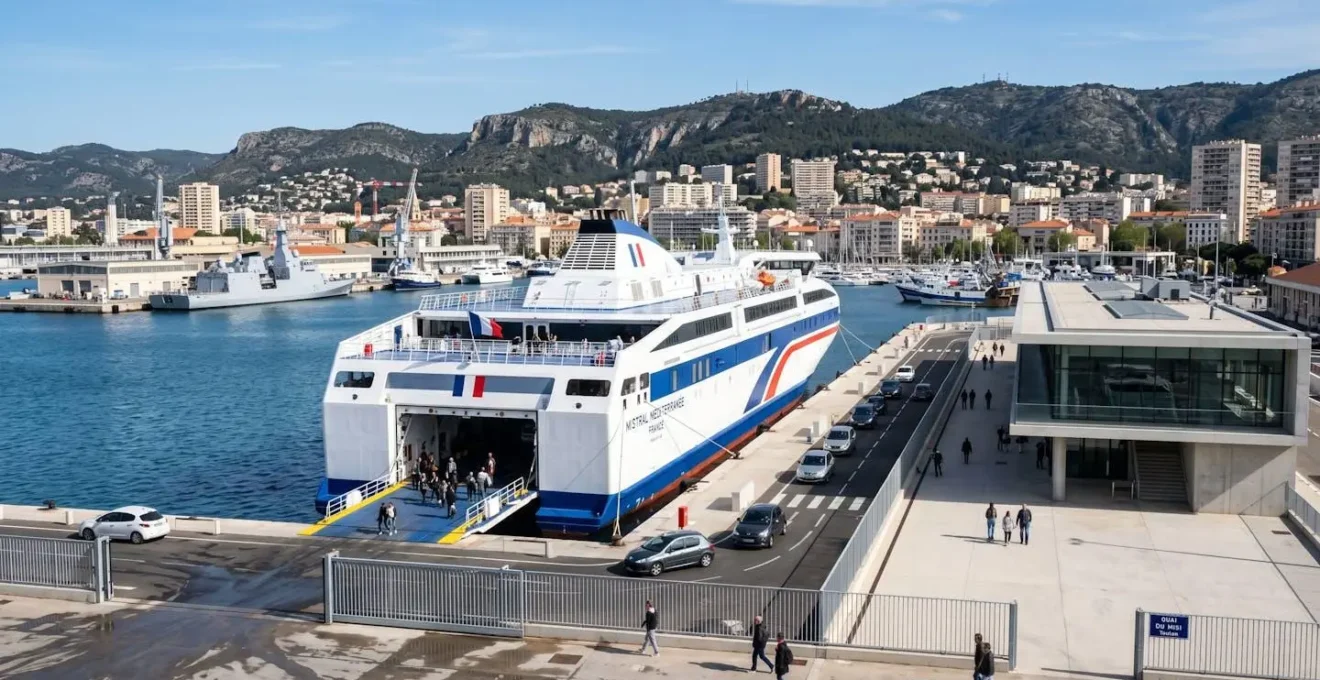 Ferry moderne amarré au quai d'un port méditerranéen français par une matinée ensoleillée, infrastructures portuaires contemporaines visibles en arrière-plan
