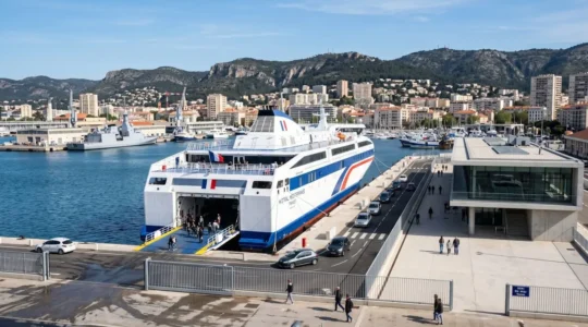 Ferry moderne amarré au quai d'un port méditerranéen français par une matinée ensoleillée, infrastructures portuaires contemporaines visibles en arrière-plan