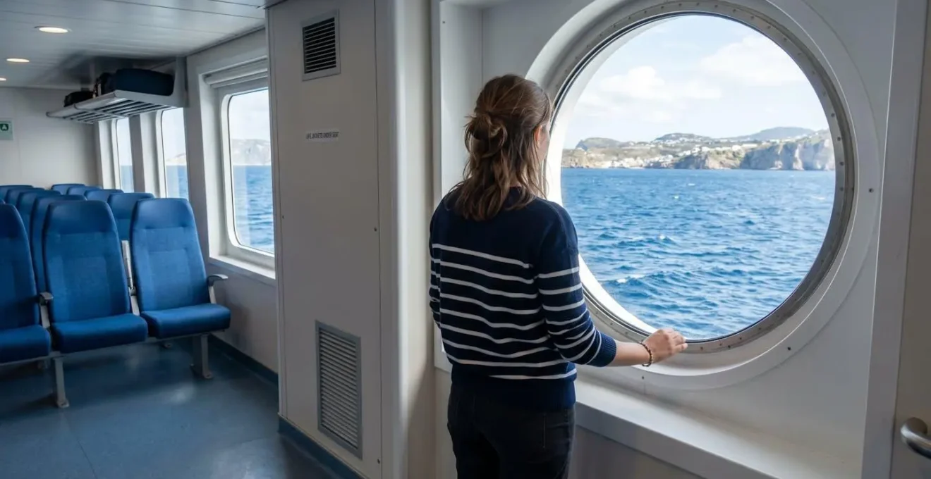 Passager vu de dos regardant par le hublot d'un ferry, mer Méditerranée visible à travers la vitre