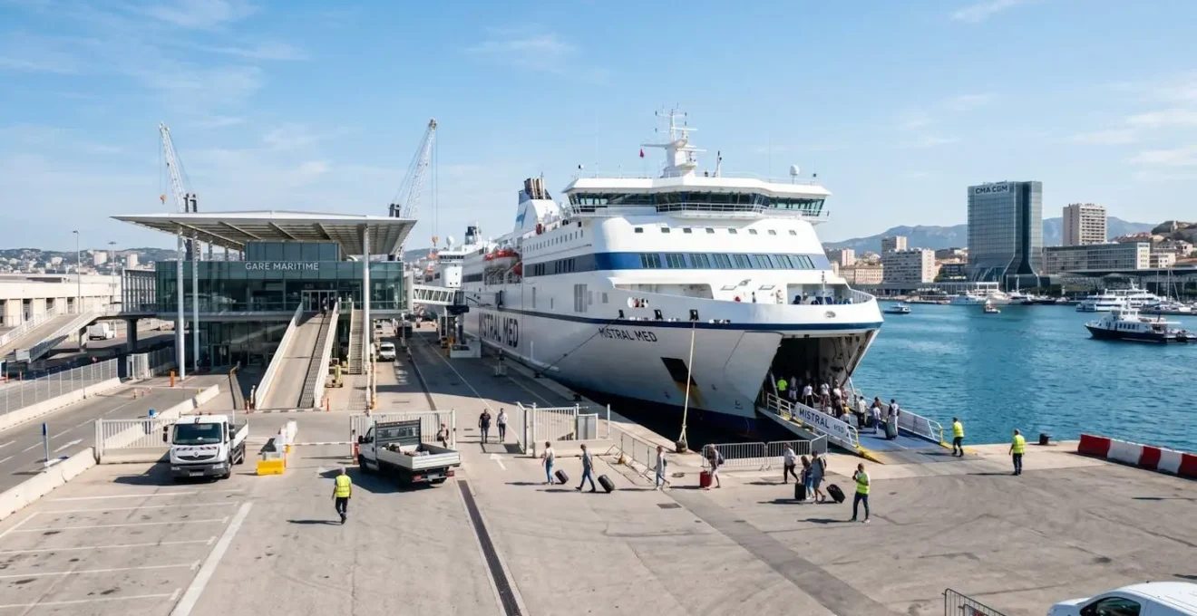 Un grand ferry blanc amarré le long d'un quai moderne dans un port méditerranéen sous un ciel bleu matinal